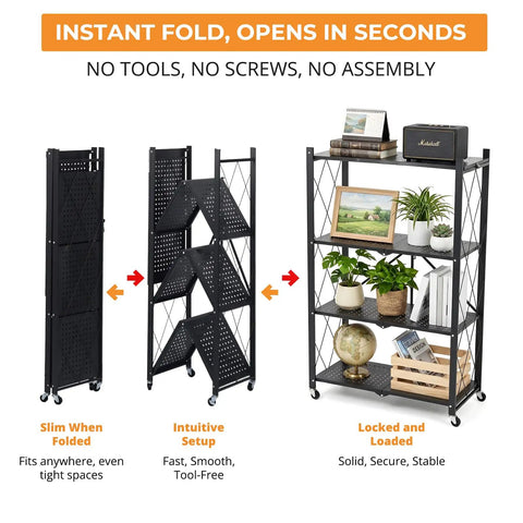 Heavy Duty 4 Tier Foldable Storage Shelf, Massive Rolling Wire Rack With Pivoting Casters, Dead Simple Tool Free Assembly, Total Game Changer Cube Organizer For Kitchen Pantry Garage Or Home Office, Black, shown folded and opened.