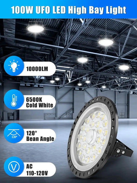 100W UFO LED High Bay Light 10000lm Ultra Bright Warehouse Lighting IP54 6000K Cold White For Garage Factory Workshop