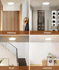 Four images showing a 12 Inch Flush Mount Motion Sensor LED Ceiling Light With Remote Dimmable 3000K 4000K 5000K 2400 Lumen 360 Degree Sensor Ideal For Closet Hallway Laundry Stairs White installed in hallway, closet, stairs, and laundry room.