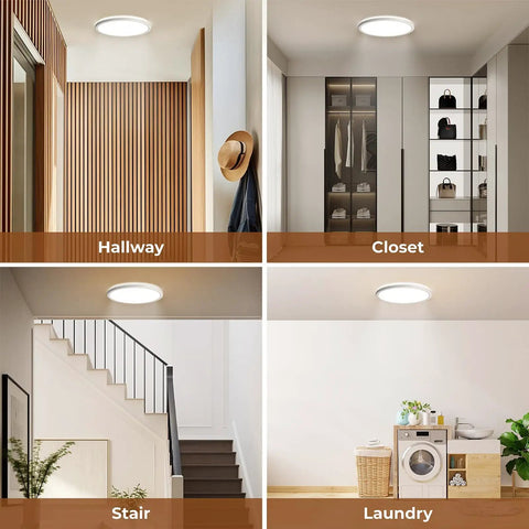Four images showing a 12 Inch Flush Mount Motion Sensor LED Ceiling Light With Remote Dimmable 3000K 4000K 5000K 2400 Lumen 360 Degree Sensor Ideal For Closet Hallway Laundry Stairs White installed in hallway, closet, stairs, and laundry room.