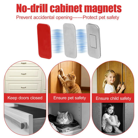 Ultra Thin Magnetic Cabinet Door Catches Kit, 12 Pairs With No Drill Double Sided Adhesive Strips, safety features displayed