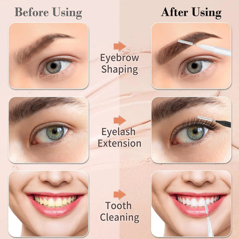 Before and after using 120 Pack Mini Eyebrow Brushes With Caps For Brow Lamination And Lash Extensions Professional Salon Tools For Home Or Studio Use Multi Purpose Eyebrow Care Kit In Black And White With Handy Storage Box focusing on eyebrow shaping, eyelash extension, and tooth cleaning.