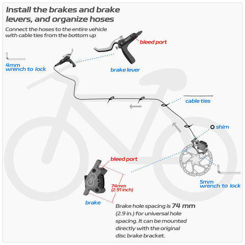 DYISLAND SD-230X MTB hydraulic disc brake set, black aluminum levers, 2/4-piston calipers, front/rear installation diagram