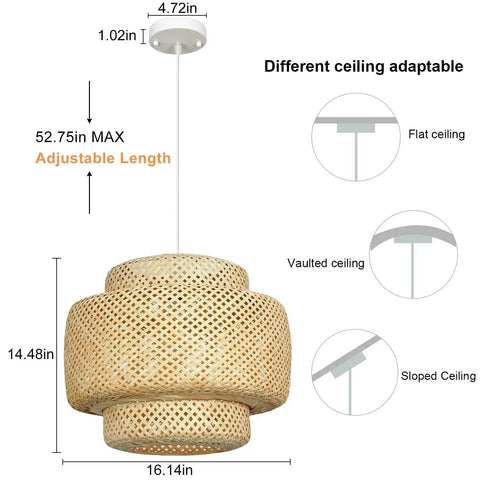 Hand-Woven Bamboo Pendant Light With Natural Rattan Shade, 16 Inch Farmhouse Style Chandelier, Adjustable Hanging Fixture For Kitchen Island, Cozy Vibe For Living Room And Dining Room, E26 Base Compatible