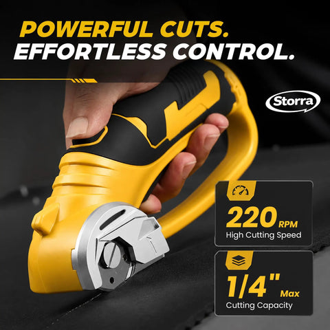 Close-up of Cordless Electric Scissors With LED Light And USB C Charging cutting material, showing 220 RPM speed and 1/4 inch capacity.