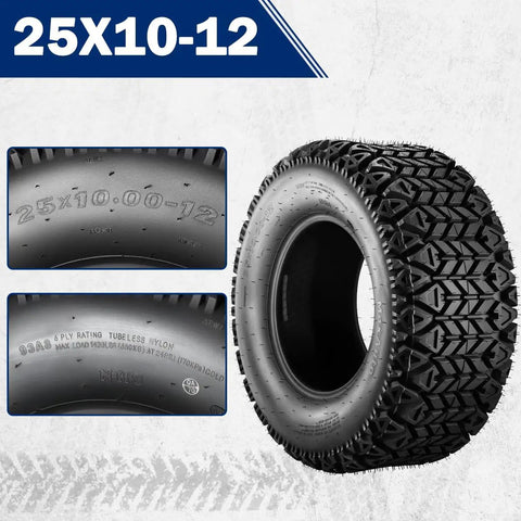 Close-up of 25x10-12 All Terrain ATV Tire Set For Sand And Hilly Lawns Tubeless 6PR Off Road Tires 2 Pack design details
