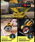 Tough As Nails Compact Three Inch Brushless Circular Saw Slides Right On To Your DeWalt 20 Volt Battery showing speed settings for wood and metal.