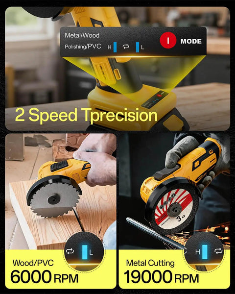 Tough As Nails Compact Three Inch Brushless Circular Saw Slides Right On To Your DeWalt 20 Volt Battery showing speed settings for wood and metal.