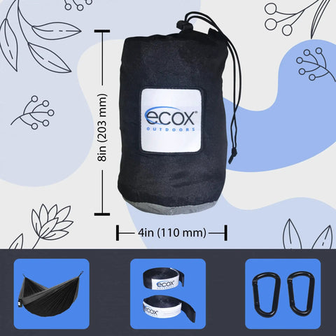 Parachute Nylon Hammock Single With 2 Tree Straps bag, compact 8x4 inch size, includes carabiners and straps, portable camp gear