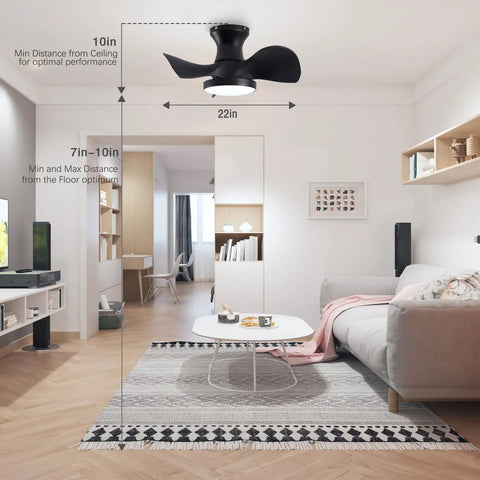 ABS Ceiling Fan with 3 Color Temperature LED Light and Remote Control installed in a modern living room, 22in size.