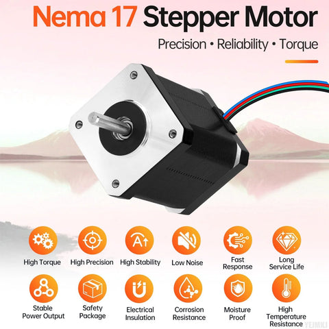 Nema 17 stepper motor with silver mounting face and black body, exposed shaft and 4-wire cable.