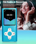 Ultra Slim 1.8 Inch MP3 Player With 16GB Micro SD Card showcased with FM Radio feature, blue color displayed on screen.