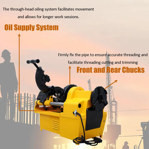 Built Different Heavy Duty Electric Pipe Threader Threading Machine With Self Oiling System and NPT BSP Dies showing oil supply system and chucks.