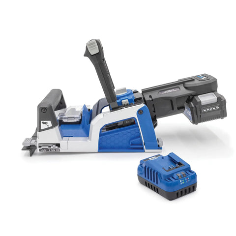 Rebel 20V Ionic Drive Pocket Hole Joiner Kit with 20V Blue Ion Charger and 2Ah Battery Pack, shown on white background