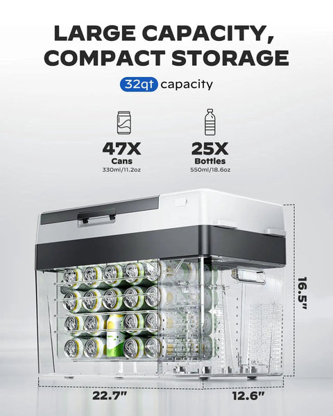 Beast Mode 32 Quart Portable Car Fridge Freezer with cans and bottles, showcasing 32qt capacity and compact design.