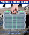 Small Parts Organizer And Hardware Storage Box Set Double Sided 34 Compartment Organizer With 24 Removable Dividers 2 Pack Green with handle