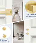 Gold Dummy Door Lever Handles Set Of 6 For Interior Doors And Closets No Latch Or Lock, shown with installation views