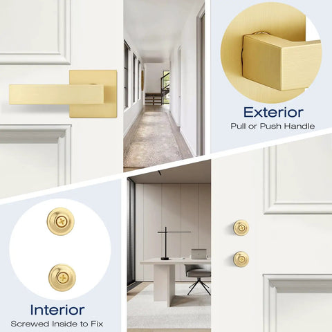 Gold Dummy Door Lever Handles Set Of 6 For Interior Doors And Closets No Latch Or Lock, shown with installation views