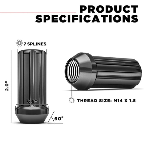 Black Chrome M14x1.50 Duplex Lug Nuts With Key 7 Spline Drive 60 Degree Conical 2.0 inch Tall and 0.90 inch Diameter