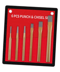 Solid 6Pcs Center Punch And Chisel Kit For Metal DIY Pros Includes Flat Masonry Chisels Precision Tools With Tough Steel Build You Need For Heavy Duty Projects That Get The Job Done Right. 6-piece steel punch and chisel set on red case, angled view