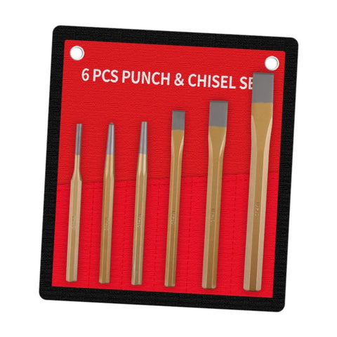 Solid 6Pcs Center Punch And Chisel Kit For Metal DIY Pros Includes Flat Masonry Chisels Precision Tools With Tough Steel Build You Need For Heavy Duty Projects That Get The Job Done Right. 6-piece steel punch and chisel set on red case, angled view