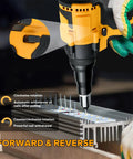 Brushless Cordless Rivet Gun Compatible With Dewalt 20V Max demonstrating forward and reverse switch for nail withdrawal on metal.