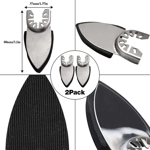 Close-up of 2 oscillating tool triangle sanding pads showing dimensions and abrasive surface in All In One Oscillating Tool Sanding Pads Kit