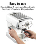Kickstart Your Morning Grind With This Retro White Espresso Machine Highlighting A Patent Slide And Lock Portafilter 15 Bar Pressure And A Hit Different Milk Frother For Silky Lattes And Bold Cappuccinos Pure Barista Vibes Guaranteed - close-up of slide lock portafilter being inserted.