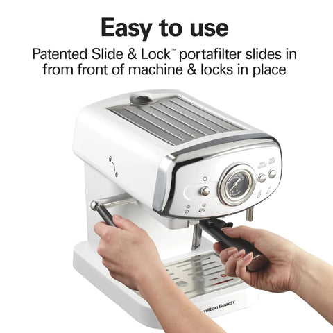 Kickstart Your Morning Grind With This Retro White Espresso Machine Highlighting A Patent Slide And Lock Portafilter 15 Bar Pressure And A Hit Different Milk Frother For Silky Lattes And Bold Cappuccinos Pure Barista Vibes Guaranteed - close-up of slide lock portafilter being inserted.