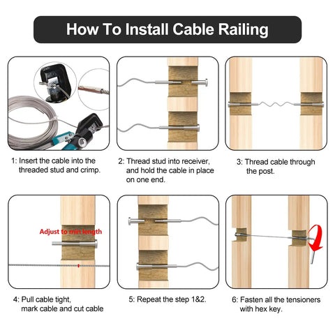 Installation guide for 50 Pack Invisible Cable Railing Kit With One Eighth Inch T316 Stainless Steel Receiver And Swage Stud End For Cable Railing Tensioner For Wood Or Metal Posts DIY Deck Railing Hardware.