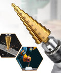 Close-up of Six Piece Step Drill Bit Set Titanium Coated High Speed Steel Drill Bits for Wood Plastic Aluminum and Thin Metal Sheets