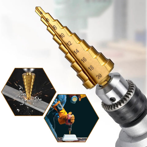 Close-up of Six Piece Step Drill Bit Set Titanium Coated High Speed Steel Drill Bits for Wood Plastic Aluminum and Thin Metal Sheets