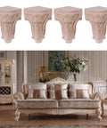 Four Pack Wooden Furniture Support Legs Replacement Feet For Sofa, Bed, Table And Cabinet, Right Angle Design, displayed above a luxurious sofa setting in a room.