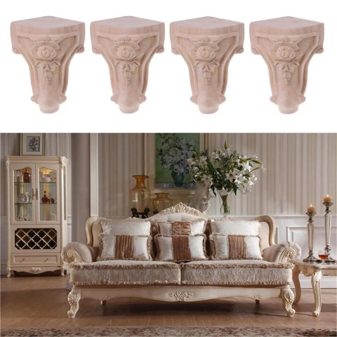 Four Pack Wooden Furniture Support Legs Replacement Feet For Sofa, Bed, Table And Cabinet, Right Angle Design, displayed above a luxurious sofa setting in a room.