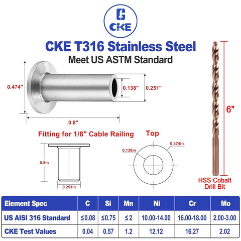 80 Pack Stainless Steel Protector Sleeves For One Eighth Inch Wire Rope Cable Railing Marine Grade Deck Balustrade Kit diagram