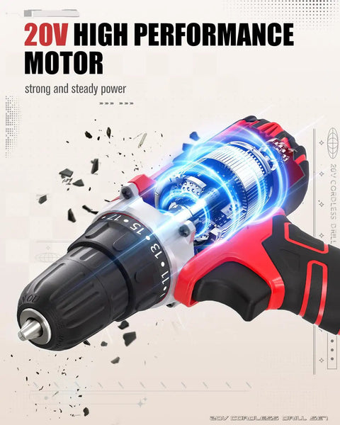 Close-up view of 20V Max Cordless Drill Kit With Battery And Charger, Variable Speed 19-Position Clutch, 3/8-Inch Keyless Chuck.