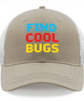 Apricot Mesh Baseball Hat For Men And Women Cool Bugs Trucker Cap front view with white mesh and colorful text design.