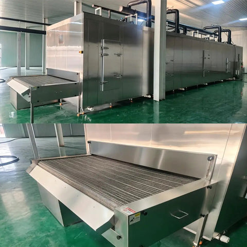 Built Tough IQF Tunnel Freezer With Integrated Conveyor Belt For Lightning Fast Blast Chilling Of Meat Seafood And Produce On Busy Production Lines side and top view with stainless steel finish.