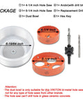 Badass Bimetal Recessed Light Hole Saw Kit 6 1/4 And 4 1/4 Inches includes dust bowl, arbor, hex key, and replacement drill bit.