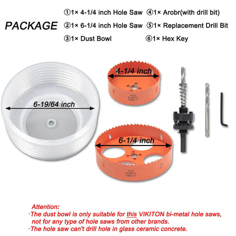 Badass Bimetal Recessed Light Hole Saw Kit 6 1/4 And 4 1/4 Inches includes dust bowl, arbor, hex key, and replacement drill bit.