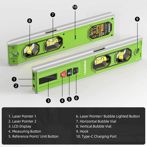 Features of 3 In 1 Laser Level And Distance Meter With Magnetic Torpedo, 9 Inch Spirit Level, LED Display, Lighted Bubble, USB C Rechargeable