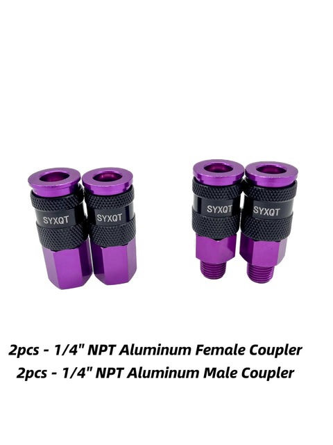 One Quarter Inch Air Hose Fittings Quick Connect Kit, Fifteen Piece Air Coupler And Plug Set with purple aluminum connectors