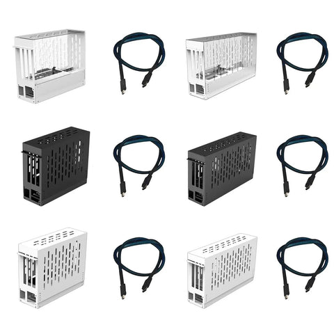 Built Legit External Egpu Dock Pcie Four Point Zero Thunderbolt Enclosure for Gaming Laptops, includes black and white enclosures with cables.
