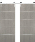 Sliding Double Barn Doors With Hardware In Grey Oak 84 By 96 Inches Modern Solid Panel Interior Door Set With Silver Rail