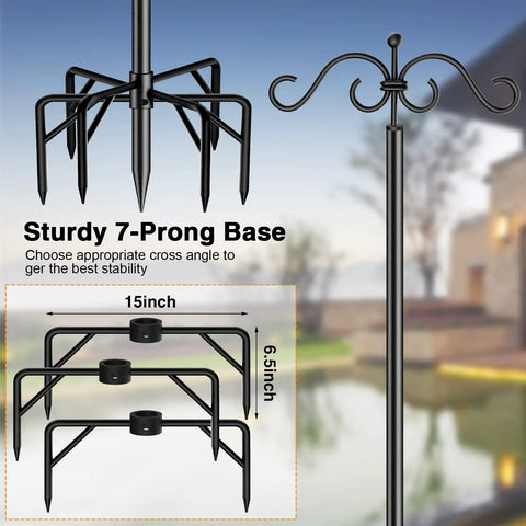 Heavy Duty Outdoor String Light Poles 9 Ft Two Pack For Backyard Patio Lights, shown with sturdy 7-prong base and detailed dimensions.