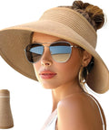 Woman wearing Women's Wide Brim Packable Straw Hat With Ponytail Opening, sunglasses, close-up side view, beach reflection in lenses