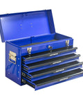 Heavy Duty 20 Inch Steel Rolling Tool Chest With Three Drawers Locking System And Drawer Interlock For Safe Transport Powder Coated Finish Lockable Cabinet On Wheels For Workshop Garage Home Office Blue with drawers open