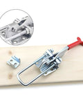 Pro Grade Toggle Latch Clamps 770lb Capacity 2 Pack for Industrial Gear showing clamp with red handle on wooden board