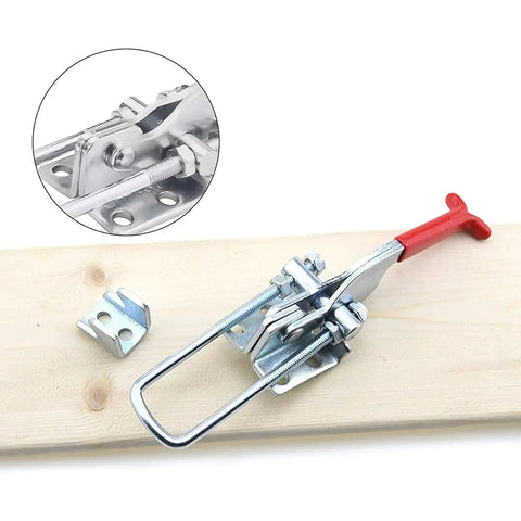 Pro Grade Toggle Latch Clamps 770lb Capacity 2 Pack for Industrial Gear showing clamp with red handle on wooden board