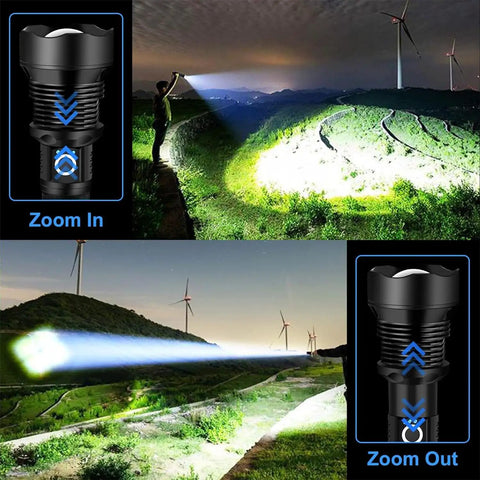 Beast Mode 90,000 Lumen Rechargeable LED Flashlight With Zoomable Beam And 10 Modes shown in use outdoors